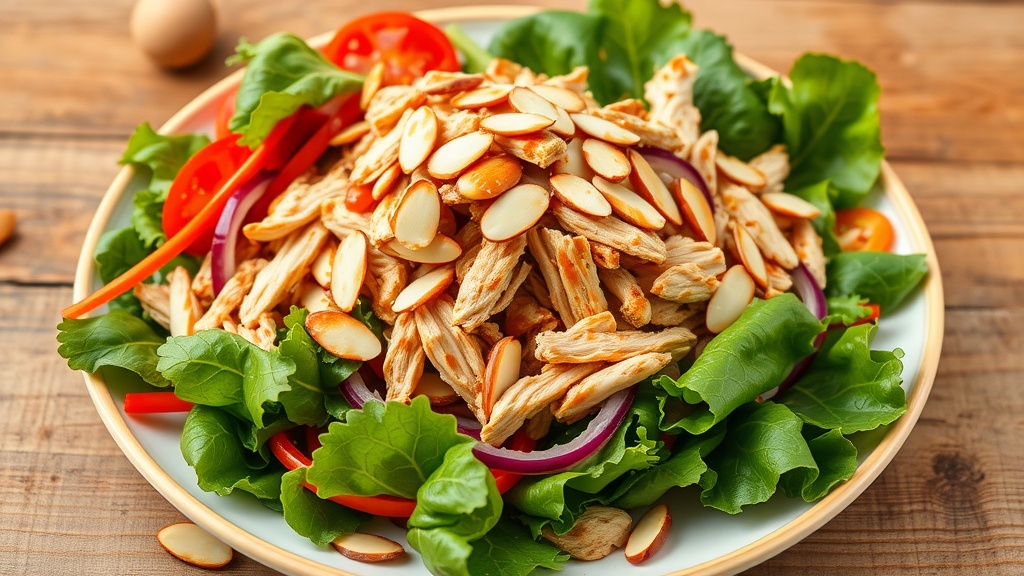 Crispy Asian Chicken Salad Recipe A delicious Asian Chicken Salad with chicken, greens, and vegetables, topped with almonds on a wooden table.